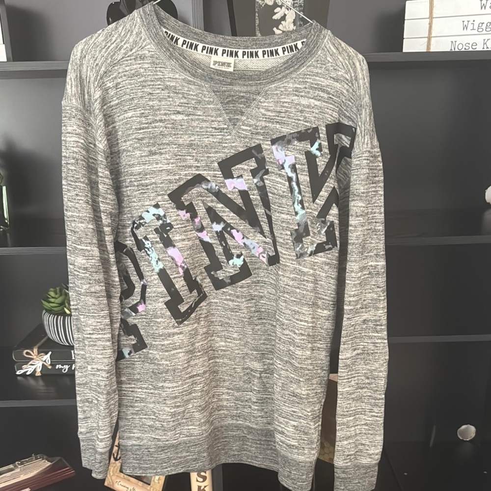 Victoria's Secret Gray Sweatshirt with Black and Multicolor Accents